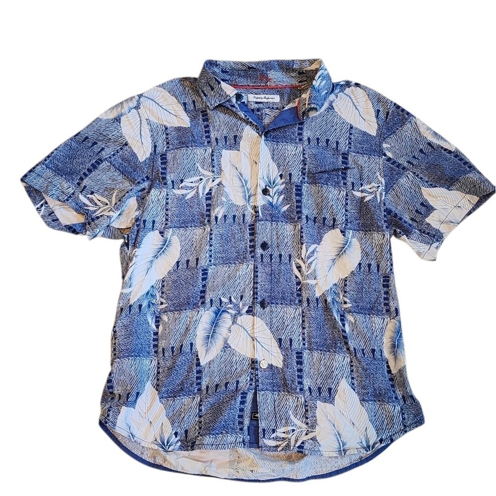 Tommy Bahama 100% Silk Hawaiian Camp Shirt Blue Floral Leaf Mens Medium